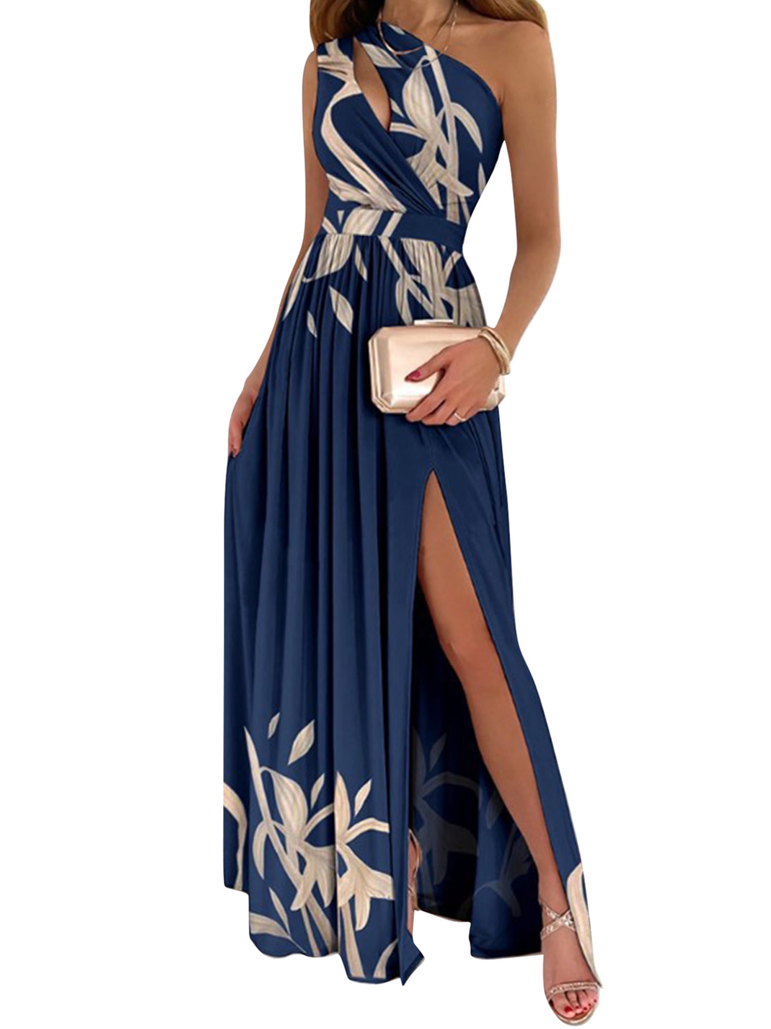 Blue Floral Maxi Dress With Cut Outs And Slit