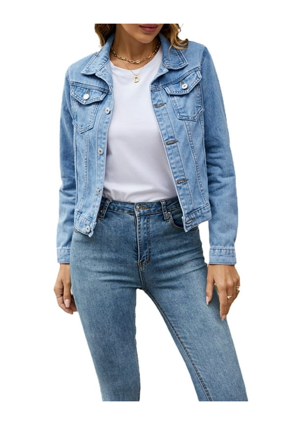 Women Juniors Denim Jackets Fashion Female Casual Long Sleeve Lapel Solid Button Down Chest Pocket Slim Jean Jacket Coat for Teen Girls