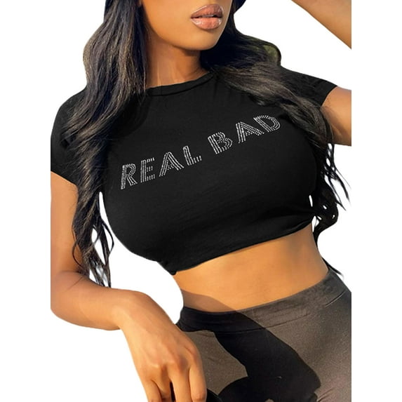 Genuiskids Women Letter Graphic Print Crop Top Teen Girl Round Neck Short Sleeve Tee Summer Cute Aesthetic T Shirt Tops