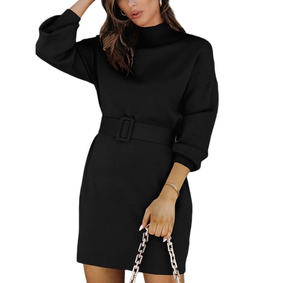 Genuiskids Women Long Sleeve Mock Neck Pullover Sweater Dress Belted Elegant Knitted Pullover Bodycon Sweater Mini Dress