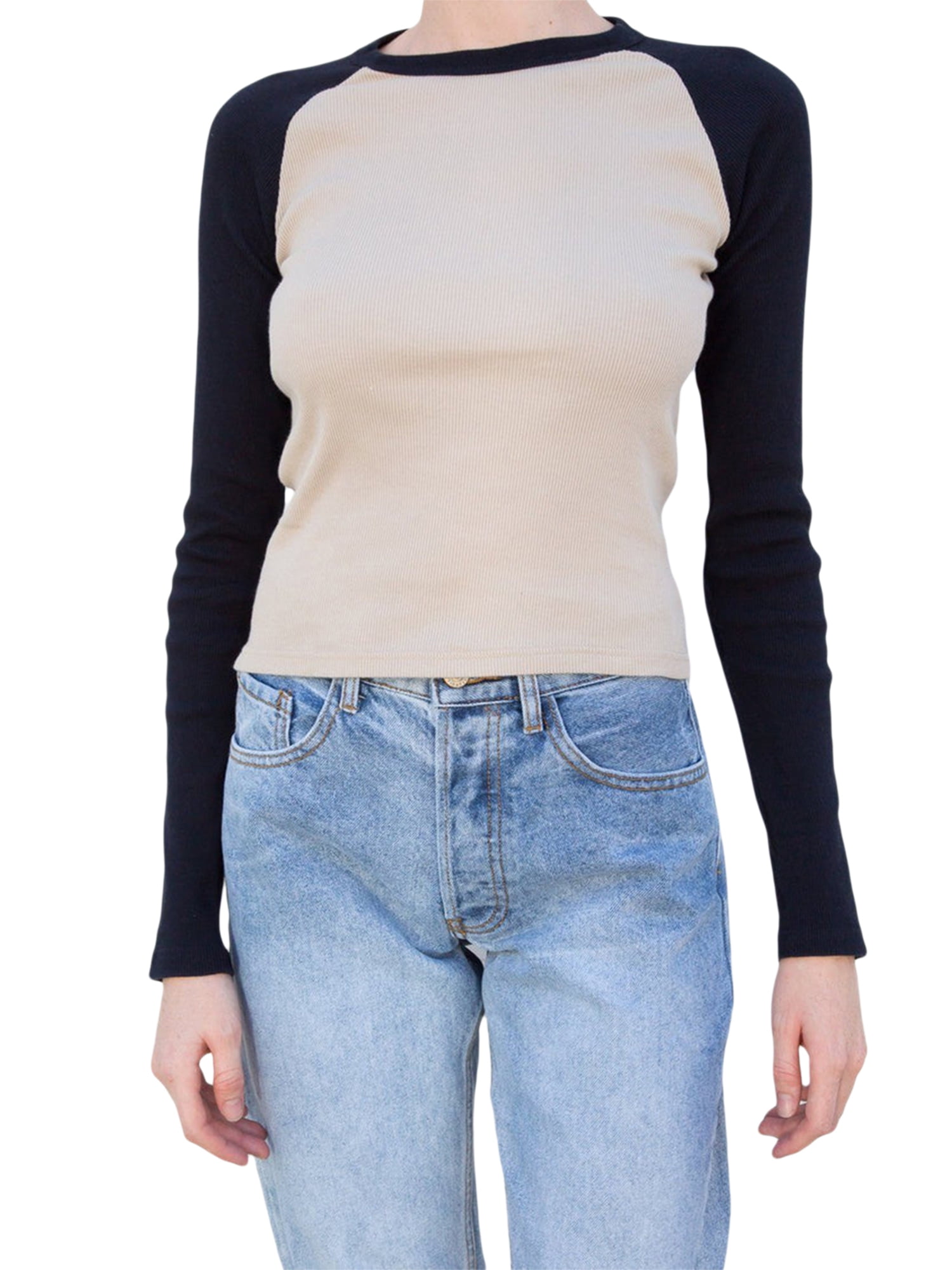 Genuiskids Women Long Sleeve Top Vintage Raglan Sleeve Close-Fitting  T-Shirt Tee 90S Fairy Grunge Streetwear