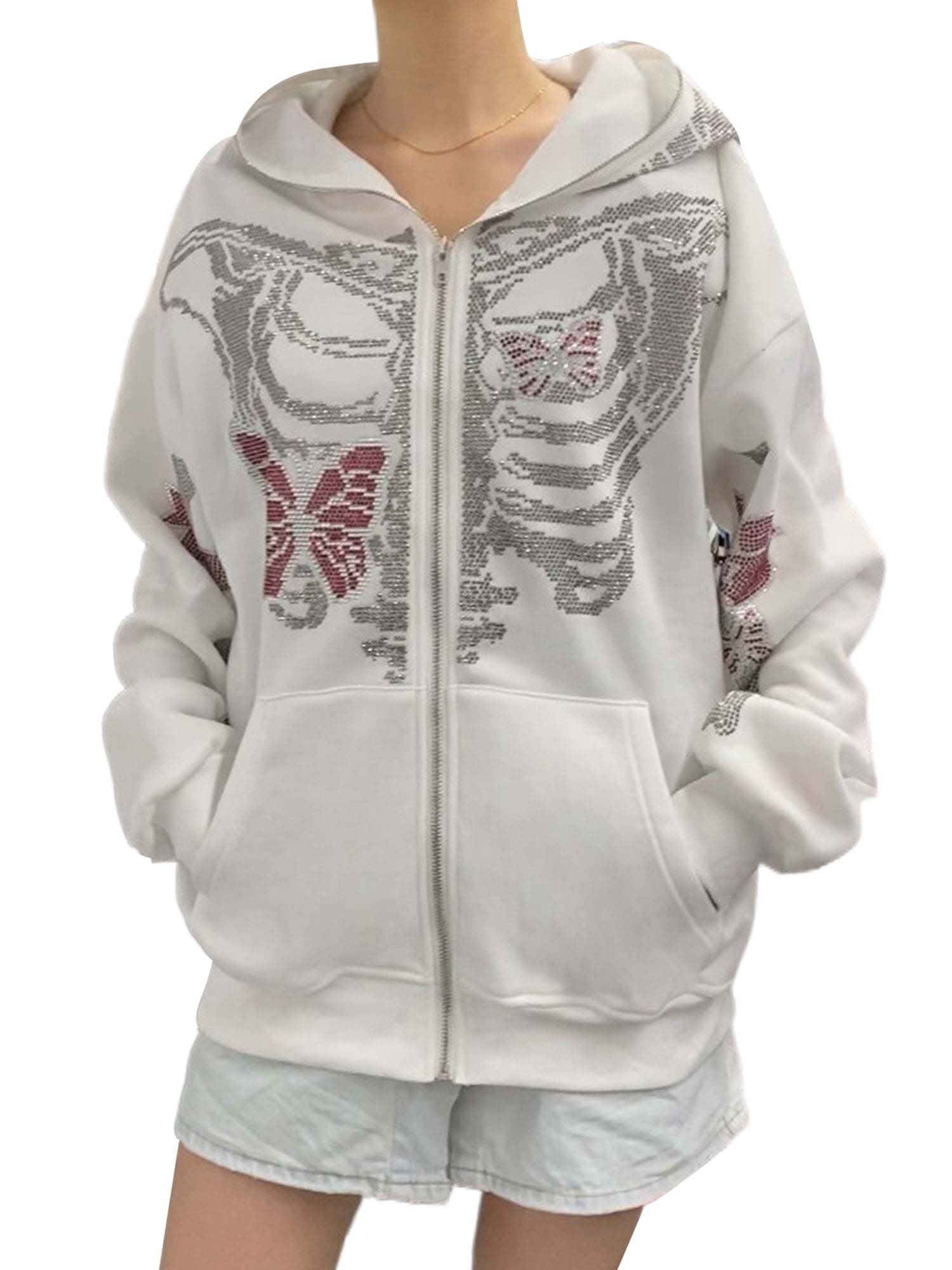 Genuiskids Women Men Rhinestone Graphic Zip up Hoodies Unisex 
