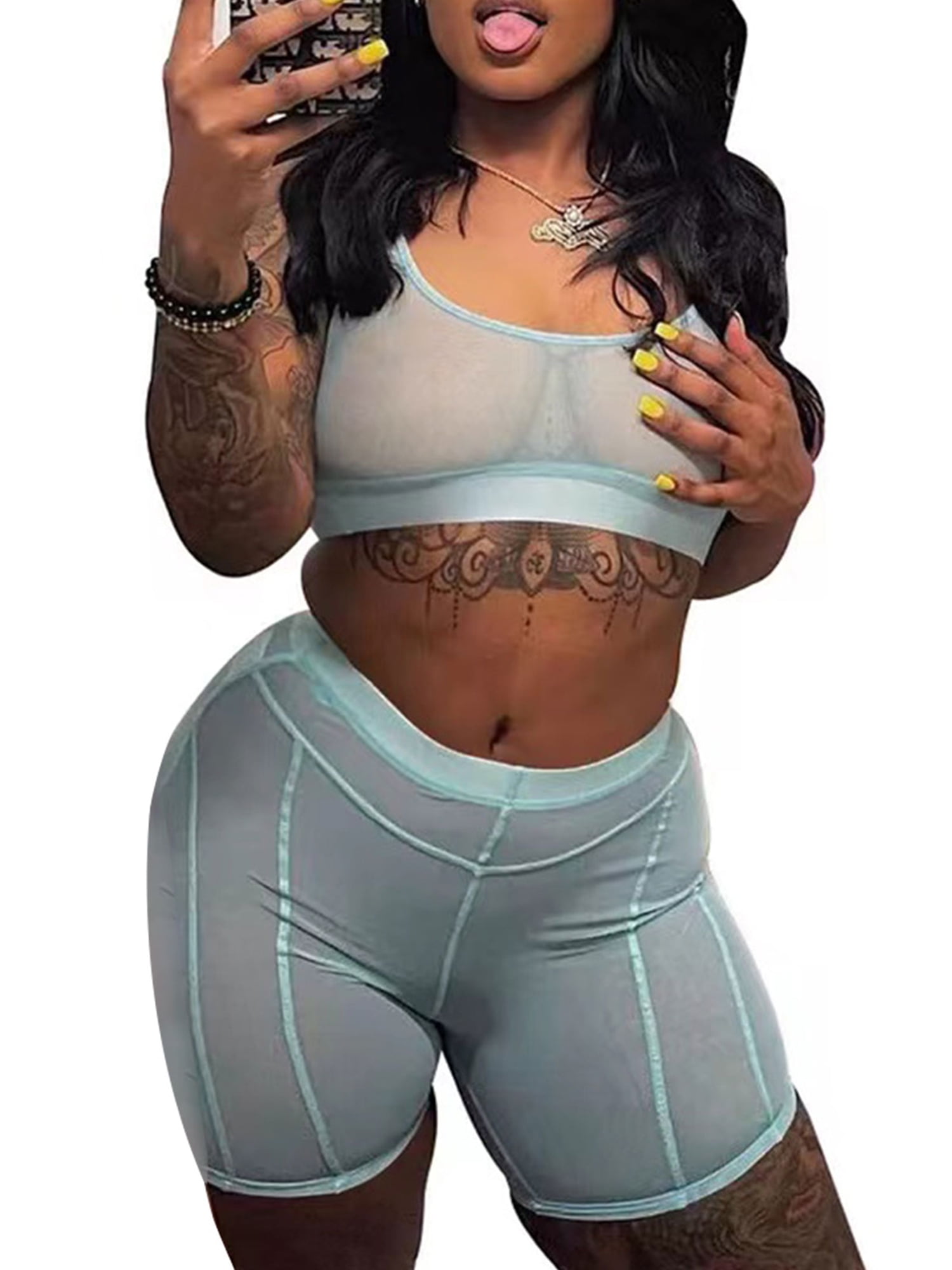 Genuiskids Women Mesh 2 Piece Outfit Sexy Sheer Mesh