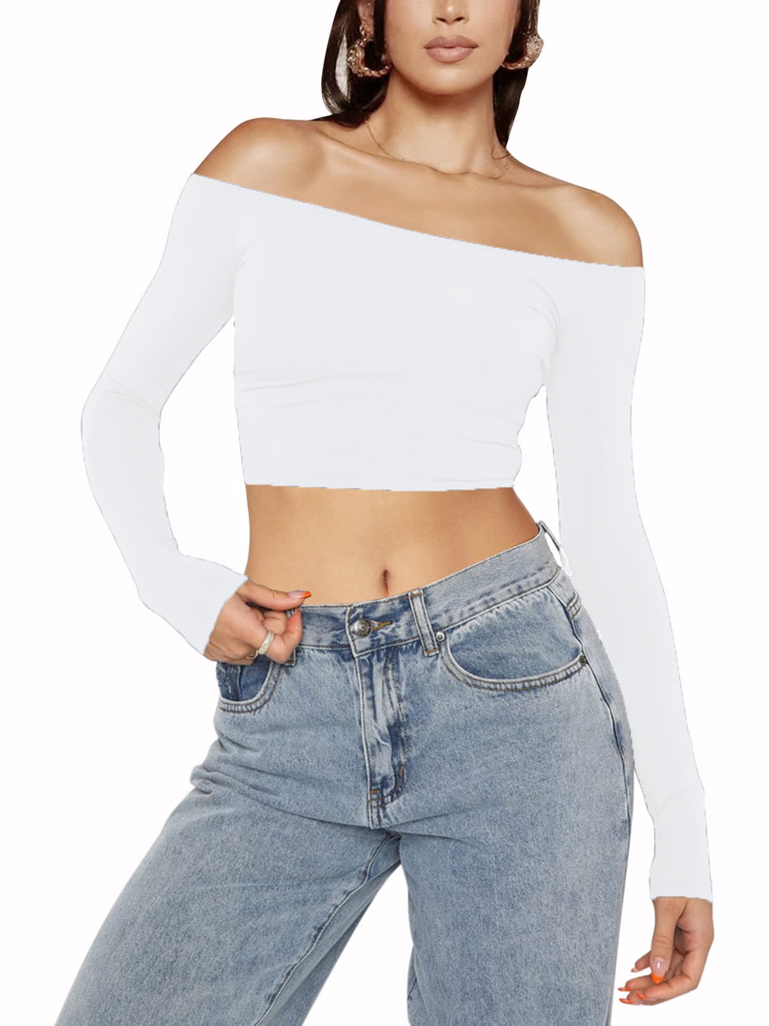 Genuiskids Women Off Shoulder Shirts White Long Sleeve Slim Fit Crop Top Tee 2000s Aesthetic Pullovers Streetwear