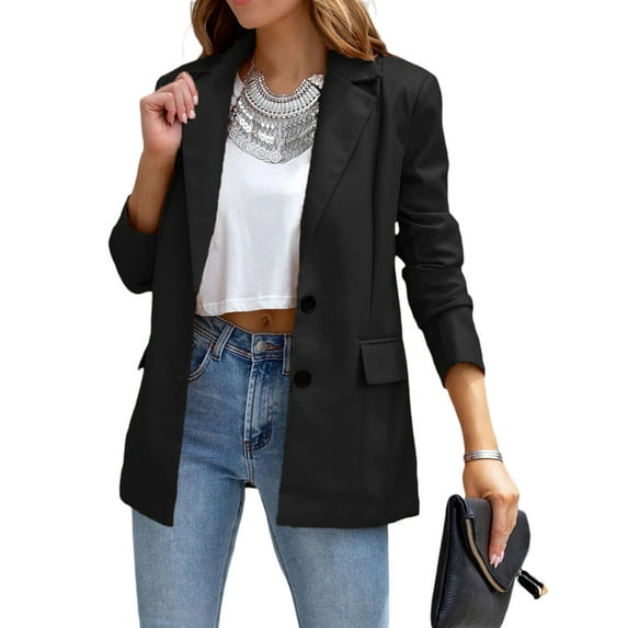Genuiskids Women PU Leather Blazer Jacket Faux Leather Long Sleeve Lapel Collar Solid Autumn Spring Casual Outerwear with Pockets Vintage Streetwear