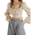 thumbnail image 1 of Genuiskids Women Puff Long Sleeve Square Neck Frill Smock Crop Top Slim Fit Shirred Bardot Blouse T-Shirt, 1 of 8
