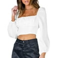 thumbnail image 1 of Genuiskids Women Puff Long Sleeve Square Neck Frill Smock Crop Top Slim Fit Shirred Bardot Blouse T-Shirt, 1 of 9