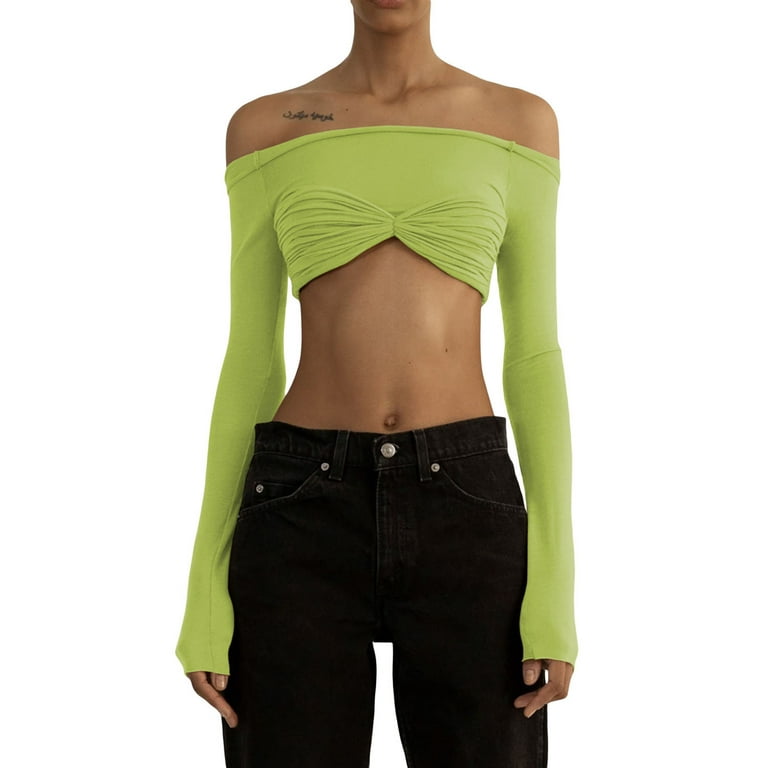 Womens Casual Long Sleeve Crop Top Solid Color Slim Fitted Cropped Shirt  Tops