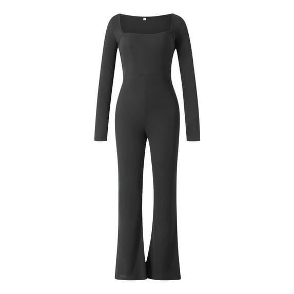 Genuiskids Women Sexy Ribbed Bodycon Yoga Jumpsuits Long Sleeve Legging Romper Flared Pants One Piece Workout Athletic Full Bodysuit Streetwear