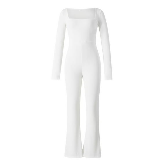 Genuiskids Women Sexy Ribbed Bodycon Yoga Jumpsuits Long Sleeve Legging Romper Flared Pants One Piece Workout Athletic Full Bodysuit Streetwear
