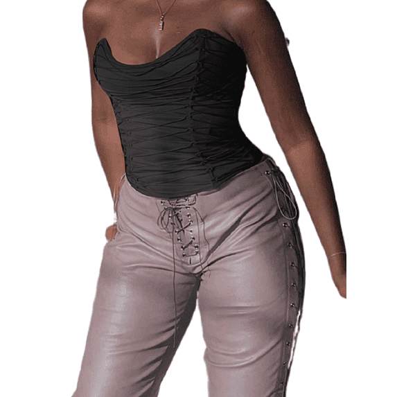 Genuiskids Women Sexy Strapless Corset Bustier Solid Color Crisscross Tie-Up Wrap Tube Top Slim Fit Zip Back Crop Top For Party Clubwear Summer Streetwear