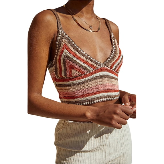Genuiskids Women Sexy Summer Knitted Crop Top Crochet Boho Halter Neck Tops Camisole Fashion Crop Tank Top One Shoulder Blouse Streetwear