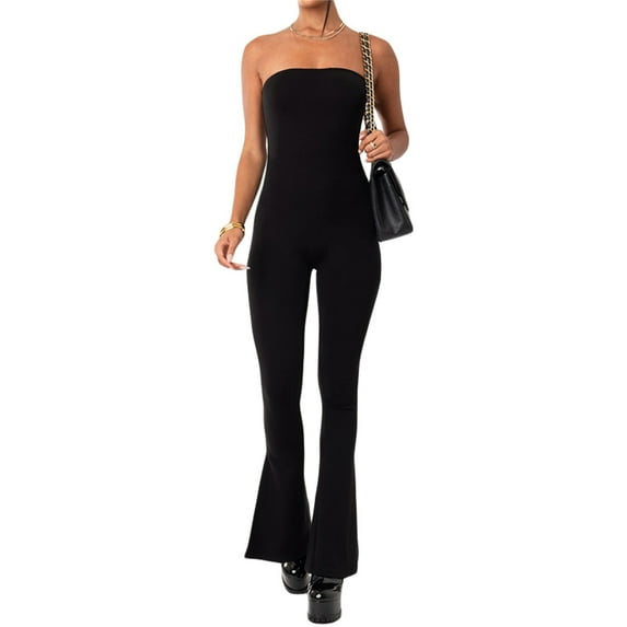 Genuiskids Women Sexy Yoga Jumpsuit Elegant Sleeveless Backless Solid Slim Fit Flare Pants Rompers Bodycon One Piece Workout Party Clubwear