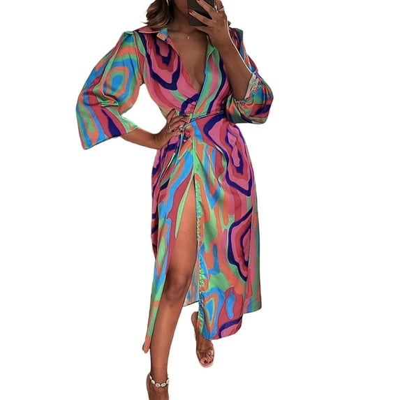 Genuiskids Women Short Sleeves Kimono Turn Down Collar Shirt Dress Solid Color Casual Work Office Leisure Belted Midi Dresses