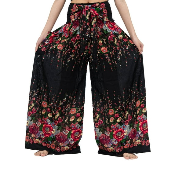 Genuiskids Women Summer Boho Printed Wide Leg Pants High Waist Tie-Up Casual Loose Palazzo Pants Beach Hippie Pants Capri Pants for Women Loungewear 4th of July Trousers