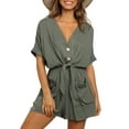 thumbnail image 1 of Genuiskids Women Summer Wide Leg Shorts Romper Casual Loose Button Down Short Sleeve Jumpsuit V Neck High Waist Belted Rompers, 1 of 7