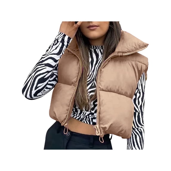 Genuiskids Women Winter Warm Crop Waistcoat acket Streetwear Sleeveless Stand Collar Double Sided Lightweight Puffer Vest Outwear