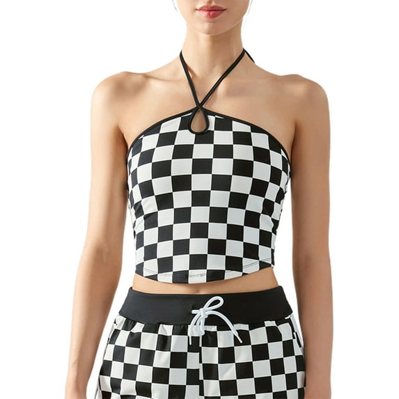 Genuiskids Women Yoga Fitness Vest Vintage Checkerboard Print Halter Neck Cross Bandage Backless Camisole Workout Crop Tops