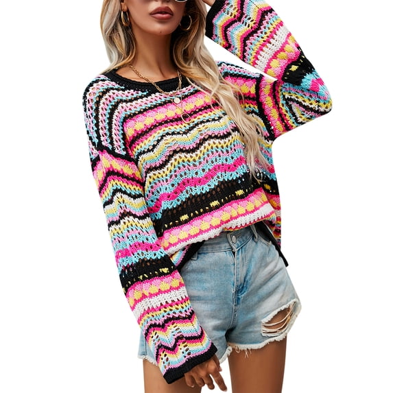 Genuiskids Women's Casual Sweater Long Flared Sleeves Crochet Knitted Tops Colorful Crewneck Knit Pullover Loose Fit Knitwear Tops
