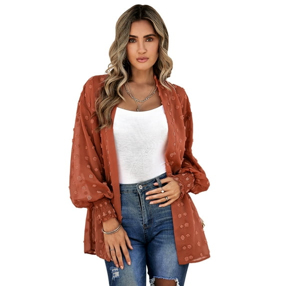 Genuiskids Women's Chiffon Cardigan Tops Swimsuit Cover Ups Long Sleeve Swiss Dots Open Front Beach Kimono Outerwear