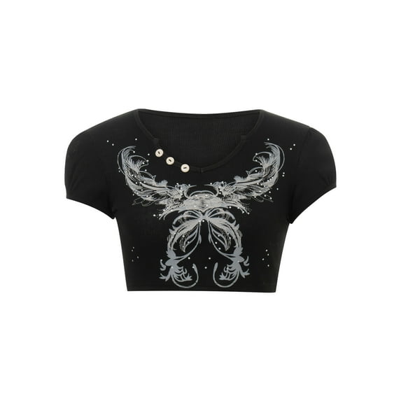Genuiskids Women's Graphic Print Crop Tops Asymmetric V Neck Vintage Printing Short Sleeve Exposed Navel T-shirts Fairy Grunge Aesthetic Shirts Tees E-Girl Summer Tee
