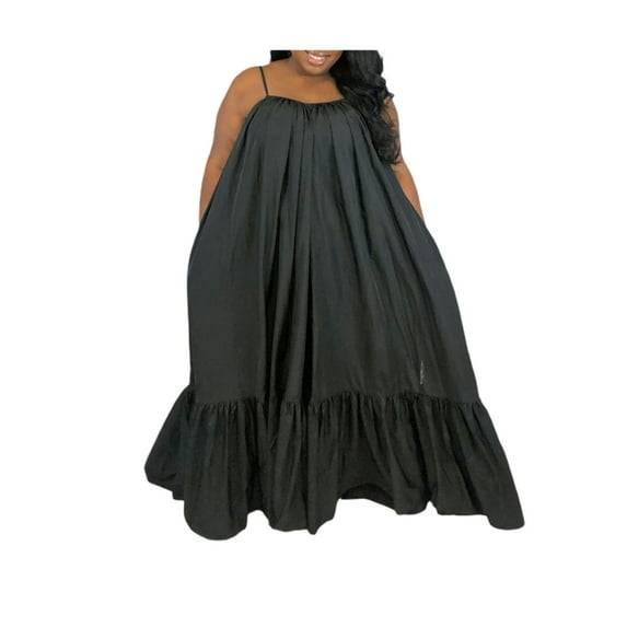 Genuiskids Women's Plus Size Sleeveless Long Dress Spaghetti Strap Ruched Ruffle Hem Dress Oversized Beach Casual Loose Long Swing Sundress