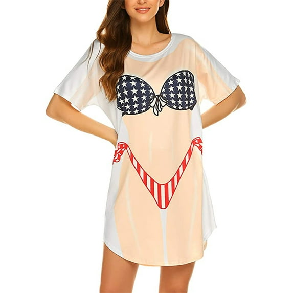 Genuiskids Women's Short Sleeve Bikini Shirt Cover Up Summer Round Neck Cute Bikini Print Baggy Swimwear Cover-Up T-Shirt Dress