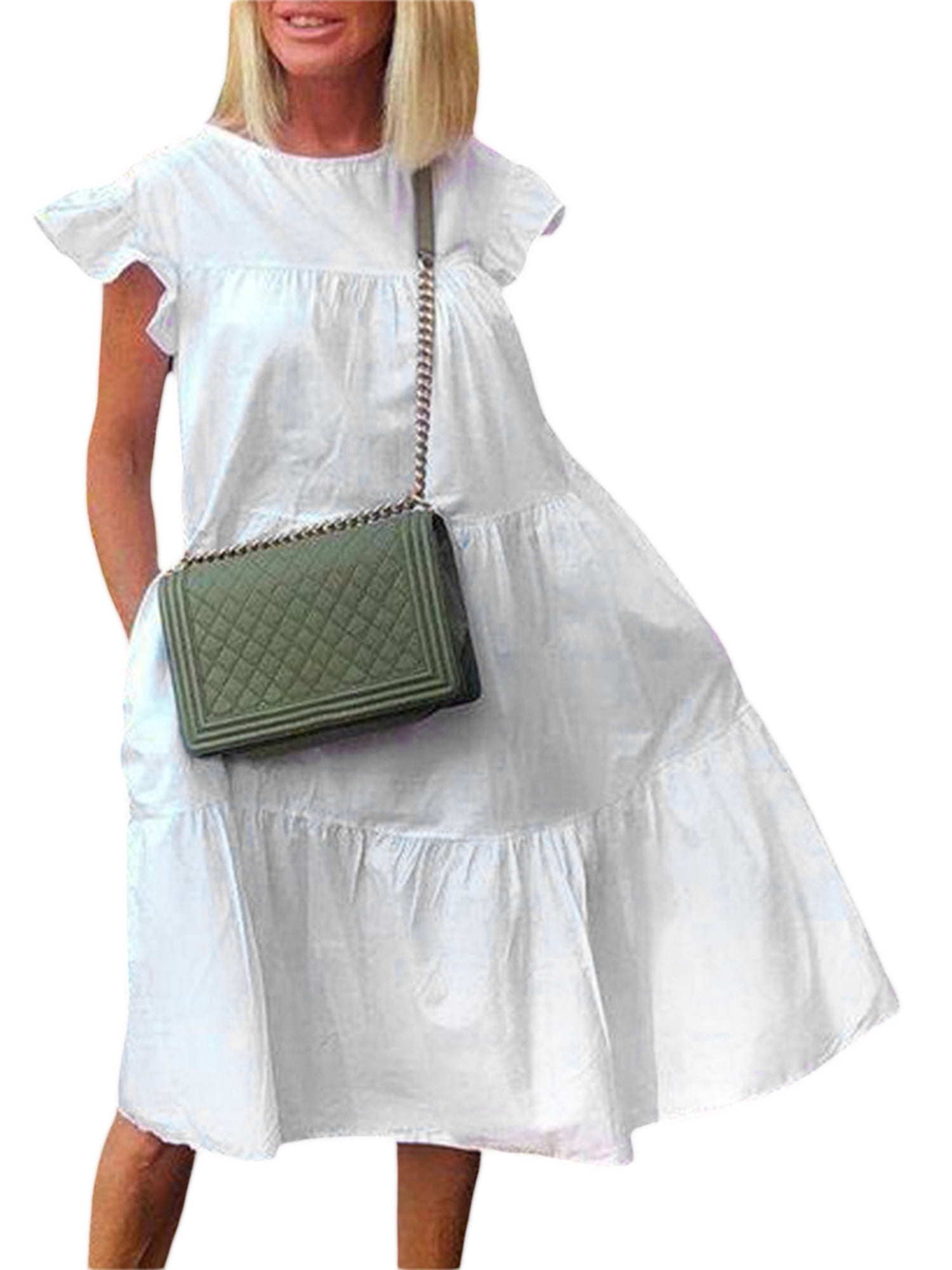 Genuiskids Women's Summer Casual Boho Midlength Dresses Ruffle Sleeve