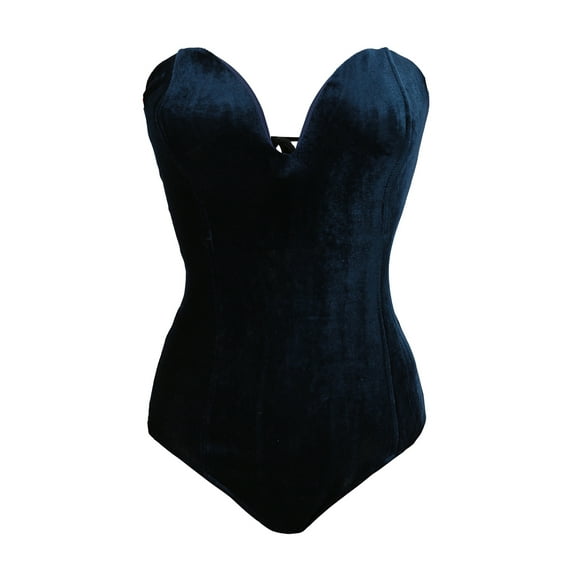 Genuiskids Women's Velvet Strapless Bodysuit Vintage Sexy Deep V Neck Cross Back Velvet Bodycon Leotard Tops