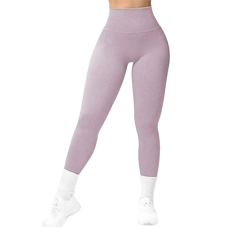 Genuiskids Women's Workout Leggings Solid Color Ribbed Sports Leggings Non  See Through High Waisted Tummy Control Tights Gym Yoga Pants