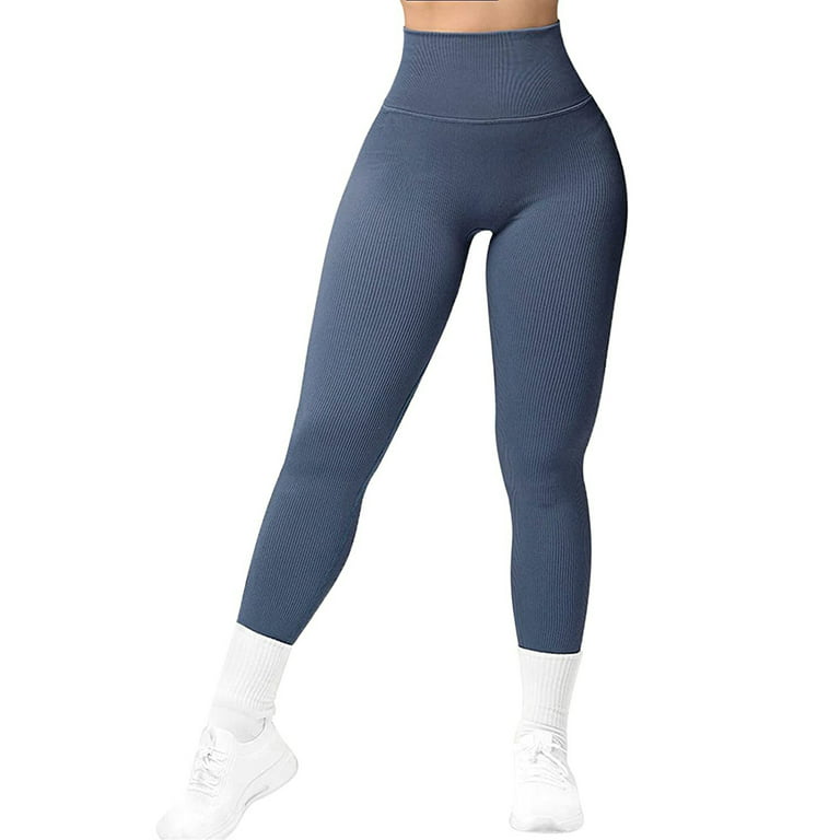 Genuiskids Women's Workout Leggings Solid Color Ribbed Sports Leggings Non  See Through High Waisted Tummy Control Tights Gym Yoga Pants 