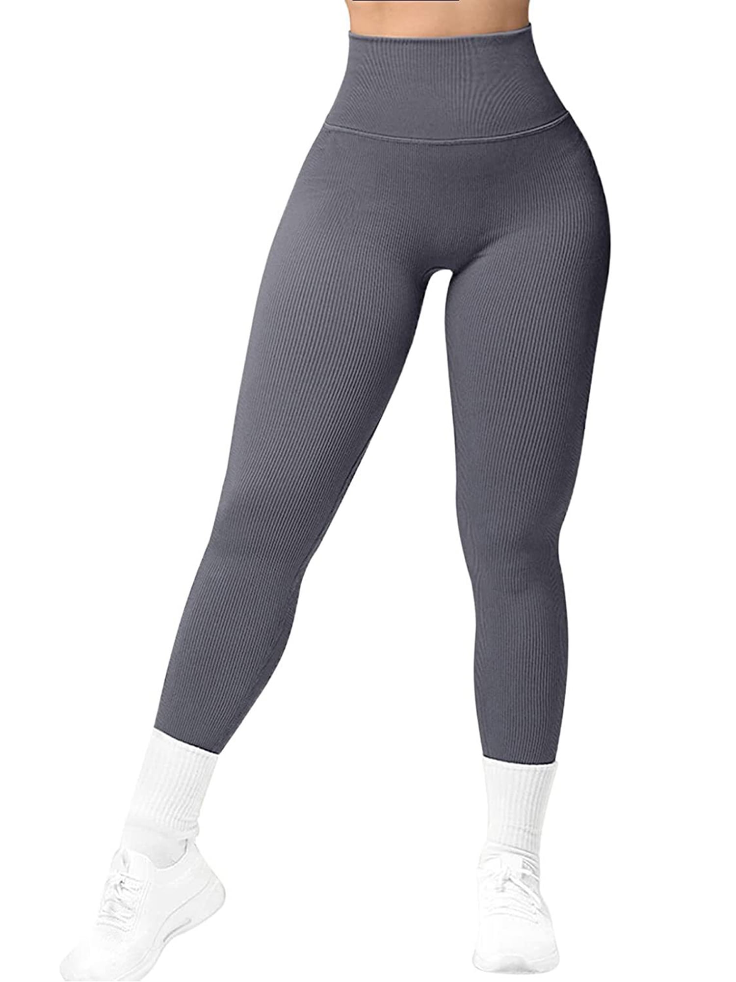 Genuiskids Women's Workout Leggings Solid Color Ribbed Sports Leggings Non See  Through High Waisted Tummy Control Tights Gym Yoga Pants 