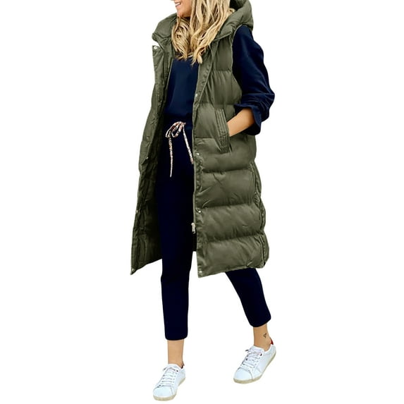 Genuiskids Womens Puffer Vests Outerwear Long Hooded Button Down Vest Winter Fashion Plus Size Lightweight Long Slim Vest Jacket Sleeveless Hooded Vests