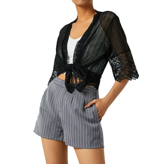Genuiskids Womens Short Shrug Open Front Short Sleeve Sheer Cardigan Lace Patchwork Sheer Bolero Cover Up Cropped mesh Cardigans