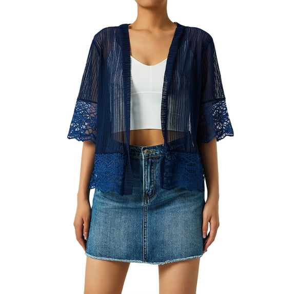 Genuiskids Womens Short Shrug Open Front Short Sleeve Sheer Cardigan Lace Patchwork Sheer Bolero Cover Up Cropped mesh Cardigans