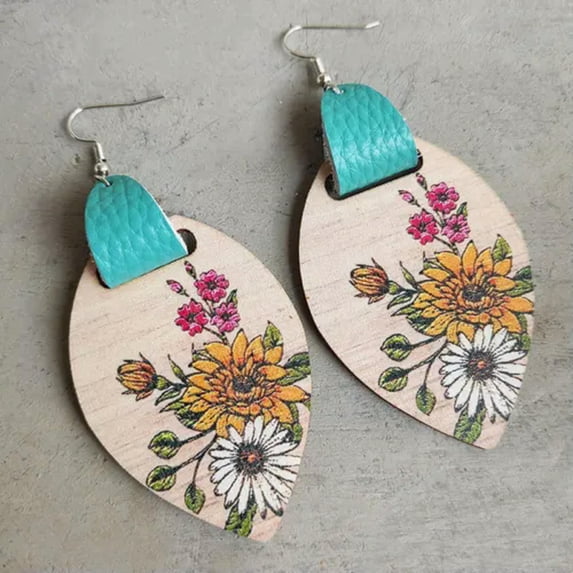 Genuuine Leather Wrap Geometric Flower Print Oval Leaf Women Statement Earrings