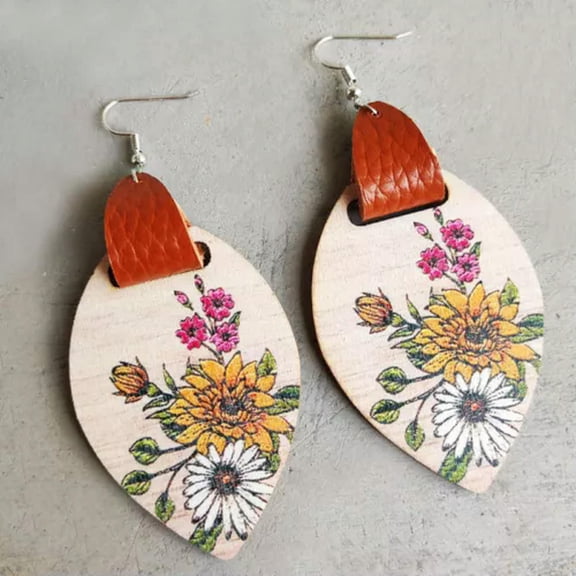 Genuuine Leather Wrap Geometric Flower Print Oval Leaf Women Statement Earrings