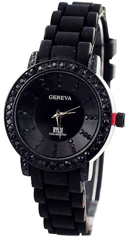 GENEVA • Silicone Rhinestone Crystal Watch Black Band New Battery Ready To Wear Amazon.com: White Black 2 Pack Geneav Crystal Rhinestone  main image 4