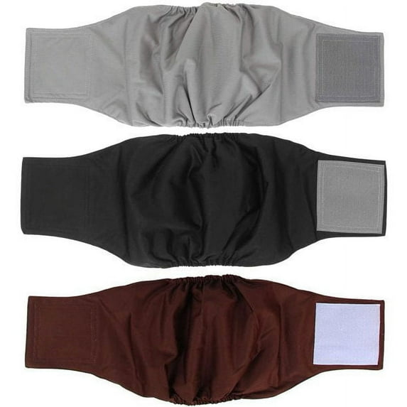 Genwiss 3 Pack Male Dog Diaper Wrap with Gray Lining, Washable Puppy Belly Bands, Super-Absorbent and Comfortable (L1,16-20" Waist, Black+Gray+Coffee)