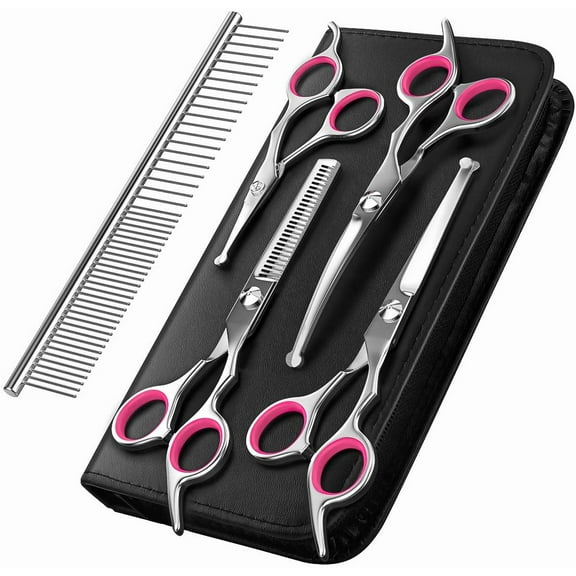 Genwiss Pet Grooming Scissors Kit, Stainless Steel Trimmer Set with Straight, Curved, Thinning Shears & Comb, 5 Pack