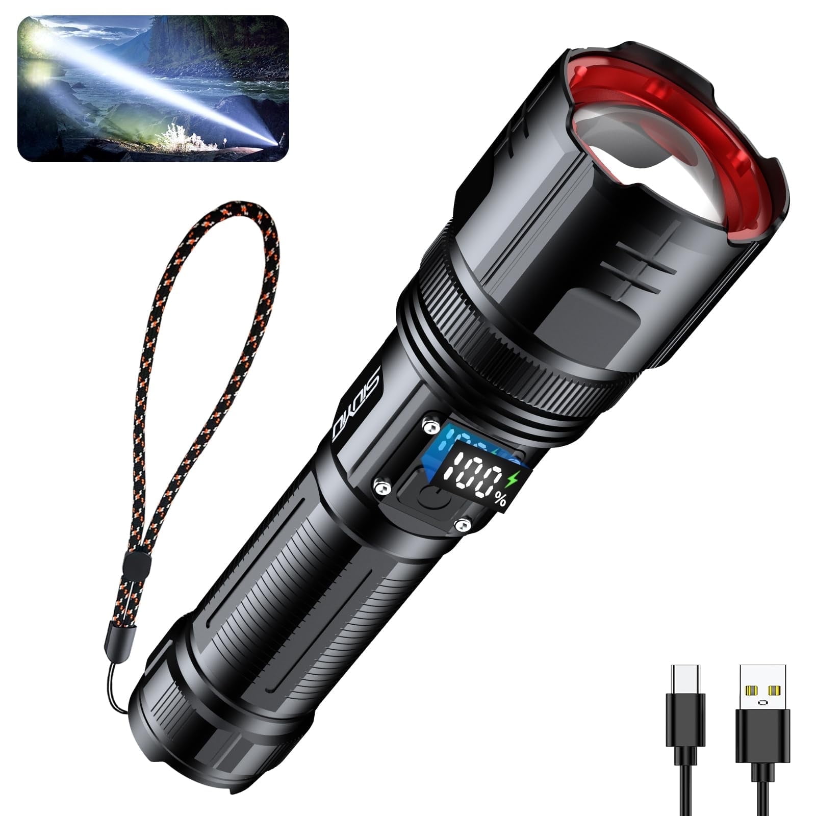 Genwiss 2000 Lumens Rechargeable Flashlight with Digital Power Display, Tactical, Zoomable, 4 Modes