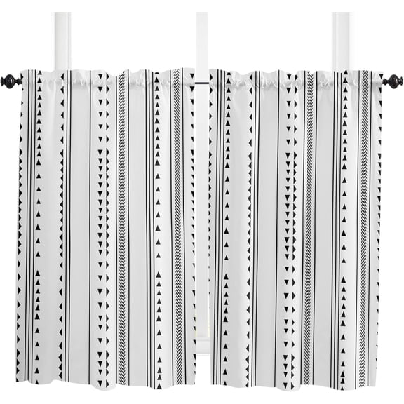 Geo Boho Window Short Curtains 54 Inch Length, Black and White Stripes Line Triangle Rod Pocket Window Treatment Kitchen Drapes for Bedroom, Cafe, Living Room, 2 Panels, 42 W x 54 L