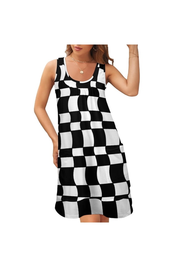 Geo Check in Black and White Sleeveless U-Neck Fake Two Piece Dress Prom gown elegant dress luxury dresses