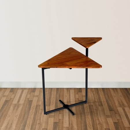 Geo Collection 21 Inch Triangular Acacia Wood Accent End Table with 2 Tier Tabletops, Brown, Black