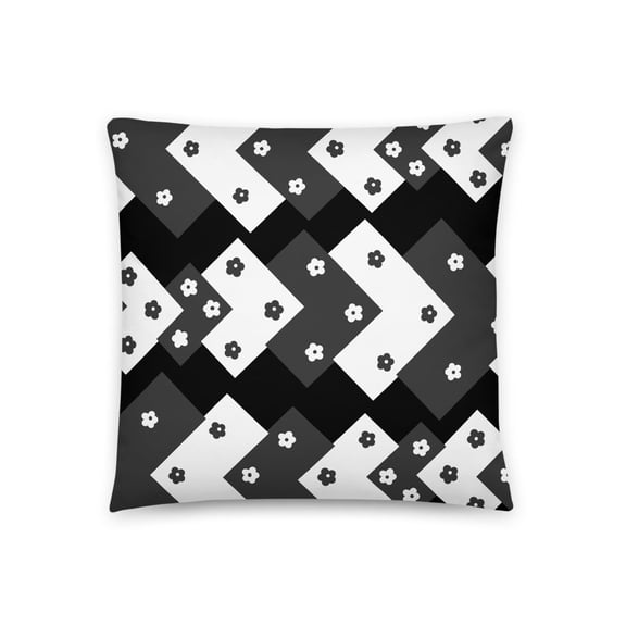 Geo Floret: Black, Gray, & White Geometric & Small Flower Design 18"x18" Accent Pillow