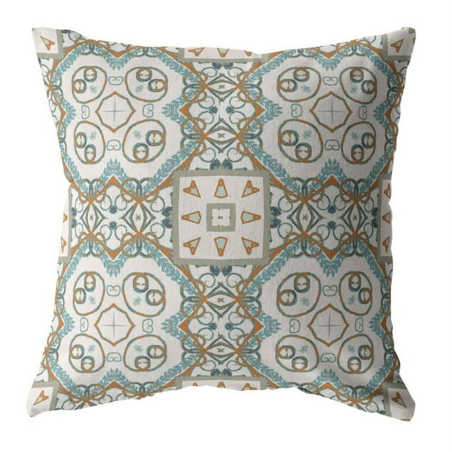Geo Mandala Throw Pillow with Removable Cover in Orange and Light Blue on White 18x18