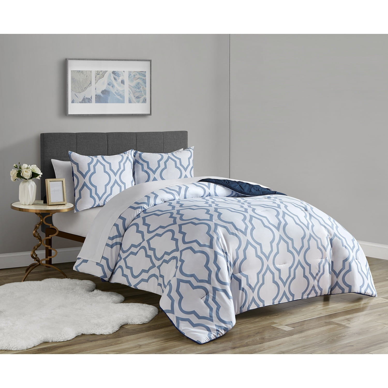 Navy and White Geometric Reversible Full Comforter Set