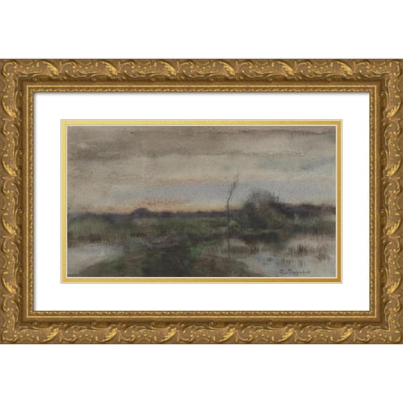 Geo Poggenbeek 14x10 Gold Ornate Wood Frame and Double Matted Museum Art Print Titled - Swamp Landscape with Sunset (1863 - 1903)