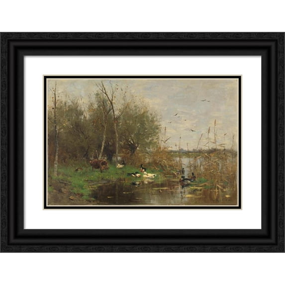 Geo Poggenbeek 18x13 Black Ornate Wood Framed Double Matted Museum Art Print Titled - Ducks Beside a Duck Shelter on a Ditch (1884)