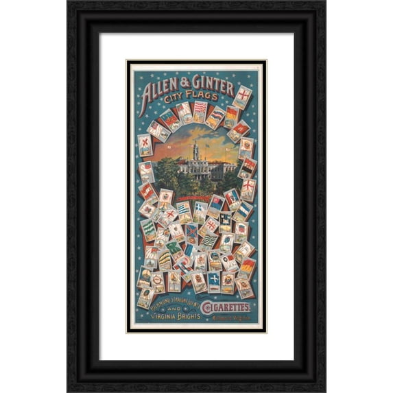 Geo. S. Harris and Sons 14x24 Black Ornate Framed Double Matted Museum Art Print Titled: Allen and Ginter, City Flags (1888)